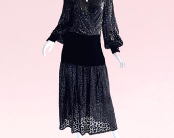1970s Vintage Givenchy Nouvelle Boutique Dress Sara Fredericks Metallic Silk Devore Velvet Evening Cocktail