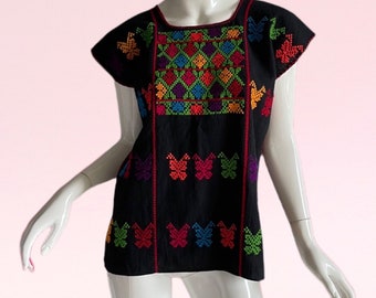 1970s Vintage Guatemalan Embroidered Blouse, Huipil Butterflies Rainbow Tunic