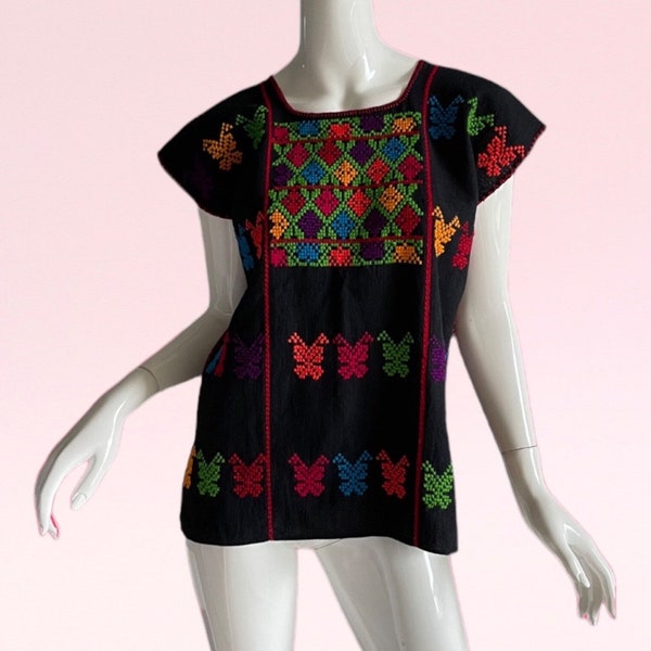 1970s Vintage Guatemalan Embroidered Blouse, Huipil Butterflies Rainbow Tunic