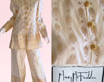 1980s Mary McFadden Couture Silk Pant Set, Indian Zardozi Metal Embroidererd Sari Set