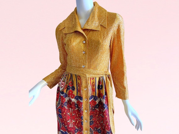 1970s Vintage Gold Lame Rhinestone Dress, Metalli… - image 3