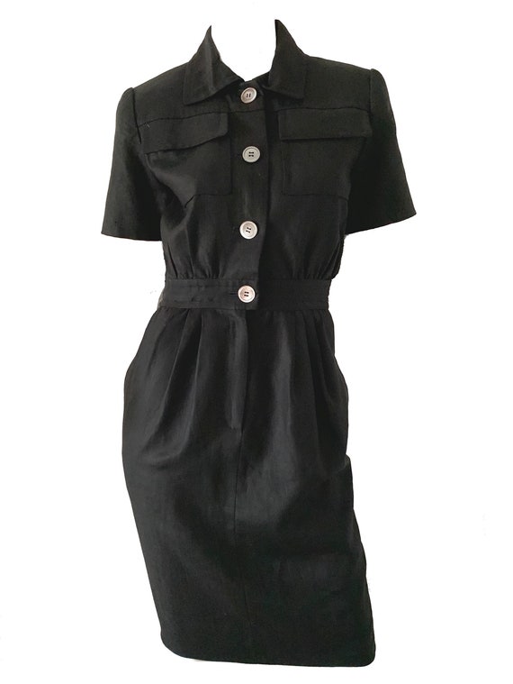 80s Vintage Carolyne Roehm Dress / Mod Black Linen