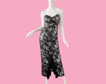1950s Vintage Sequin Wiggle Dress, Mid Century Metallic Slip Dress xs