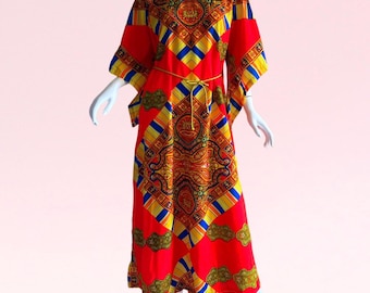 1970s Vintage Deadstock Hawaiian Kimono Caftan NWT Psychedelic Dashiki Festival Maxi Dress