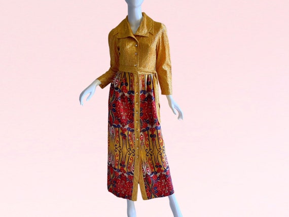 1970s Vintage Gold Lame Rhinestone Dress, Metalli… - image 1