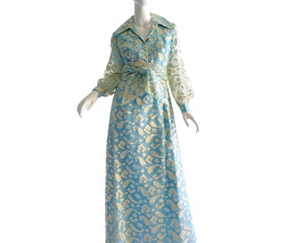 70s Metallic Gold Lame Dress / Vintage Lee Jordan Evening Gown / 1970s Silk Chiffon Dress Small