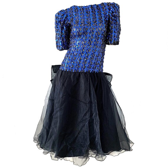 80s Sequin Dress Disco Metallic Chiffon Bow Vintag