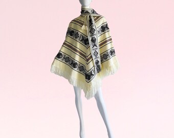 Poncho ricamato guatemalteco vintage degli anni '70, mantello Deadstock con frange Boho Festival