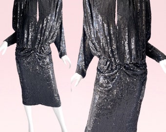 Robe de cocktail en soie à sequins vintage des années 1980, robe de bal de soirée en trou de serrure XS
