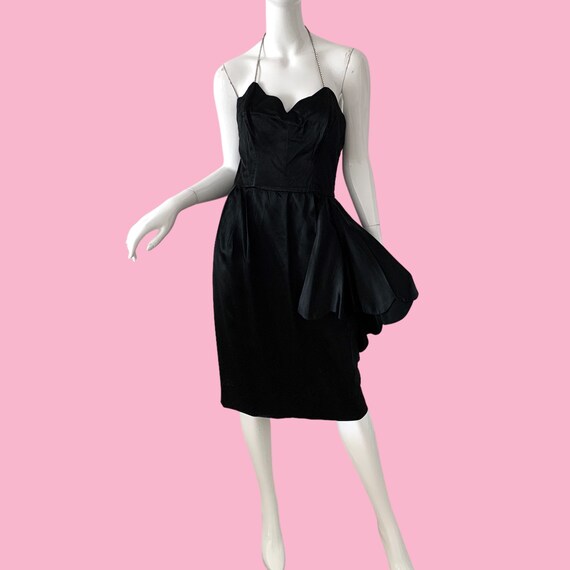 50s Cocktail Dress Size M Black Velvet and Rhinestone 