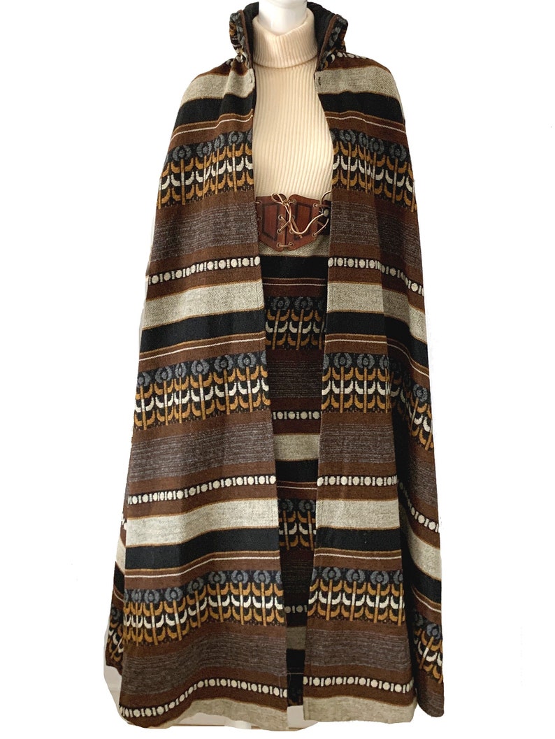 Vintage 1970s Tapestry Cottagecore Serape Dress Cape Set XS S Howard Hirsch Designer Bohemian Boho Maxi Dress Set