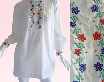 1970s Vintage Lace Embroidered Flower Boho Hippie Blouse, Festival Summer Tunic