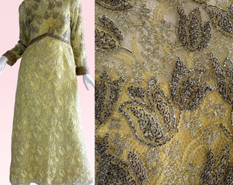 1960s Vintage Brocade Couture Beaded Metallic Gown, Brocade Empire Wedding Dress