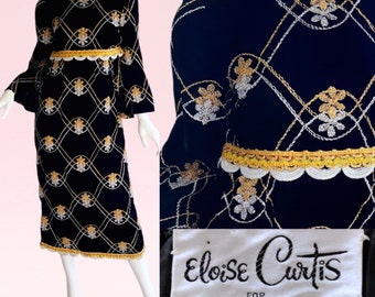 1960s Vintage Eloise Curtis for Happenstance Velvet Metallic Dress, Embroidererd Fleur De Lis Small