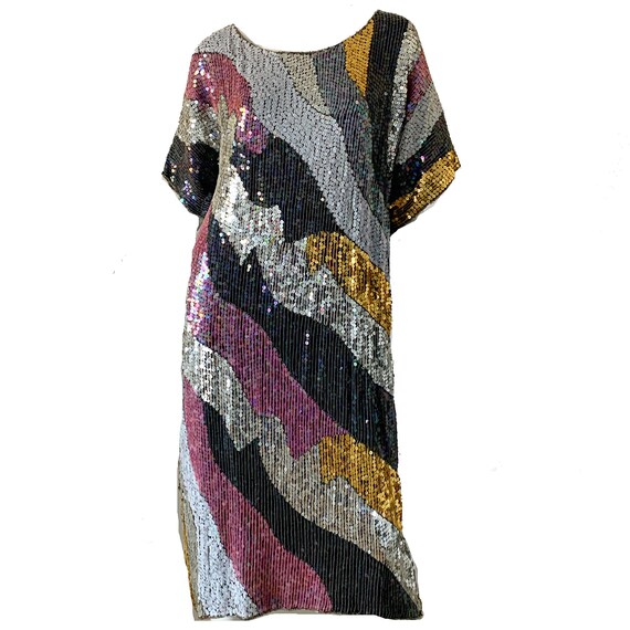 Vintage 80s Sequin Kimono Dress / Silver Silk Disc