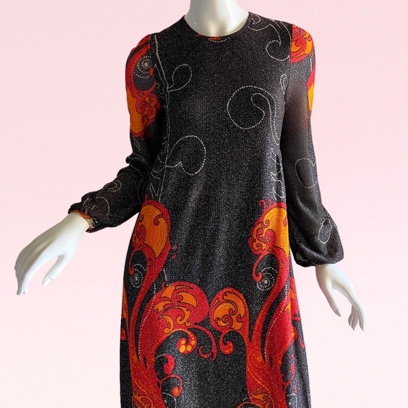 1970s Vintage Metallic Novelty Print Erte Art Nouveau Dress, Shimmering Showgirls Evening gown small image 7