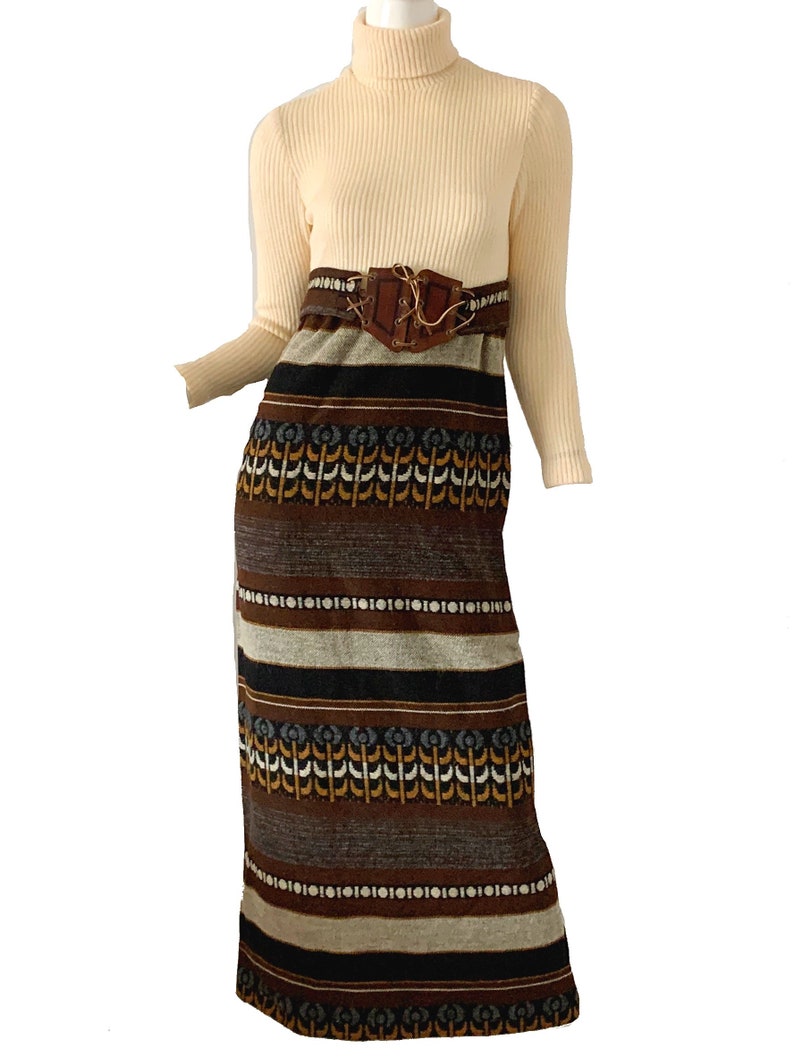 Vintage 1970s Tapestry Cottagecore Serape Dress Cape Set XS S Howard Hirsch Designer Bohemian Boho Maxi Dress Set