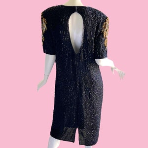 1980s Vintage Sequin Beaded Dress, Gold Black Cocktail Party Dress XL image 4