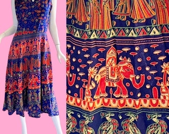 1970s Vintage Indian Gauze Dress, Novelty Print Peacock Elephants Dress