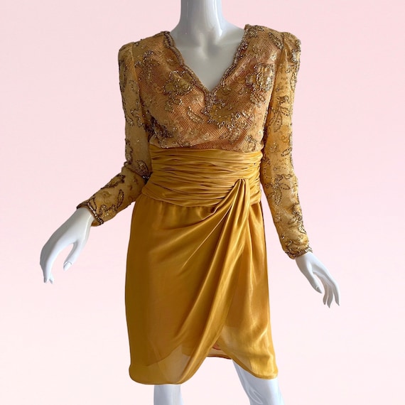 1970s Vintage Victoria Royal Gold Lame Dress Beaded Sequin Metallic Silk Cocktail Wrap Dress Small