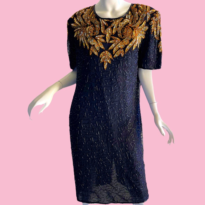 1980s Vintage Sequin Beaded Dress, Gold Black Cocktail Party Dress XL image 2