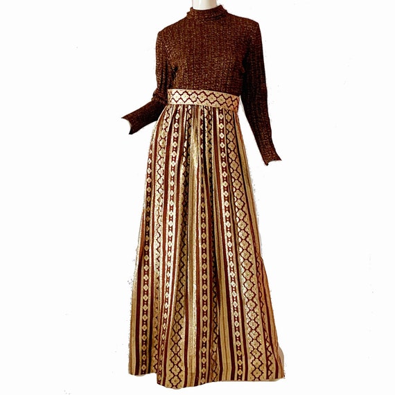 Vintage 70s Gold Lame Dress Brocade Metallic Mod B