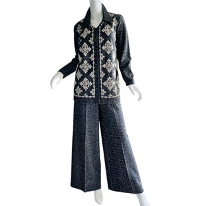 1970s Vintage Metallic Silver Pant Set Beaded Argyle Evening Party Disco Holiday Bell Bottoms Pant Set