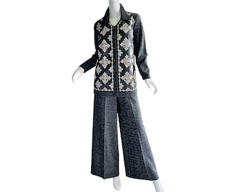 Jaren 70 vintage metallic zilveren broekset met kralen argyle avondfeest disco vakantie Bell Bottoms broekset