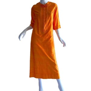 1960s Vintage Thai Handwoven Silk Dress Bess Bangkok Tangerine Cheongsam Caftan xs