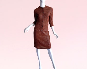 1950s Vintage Wiggle Skirt Suit, Metallic Bronze Pencil Skirt Set XS