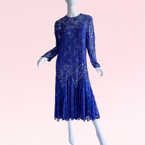 1980s Judith Ann Creations Sequin Beaded Dress, Vintage Saphire Lace Flapper Dress Large