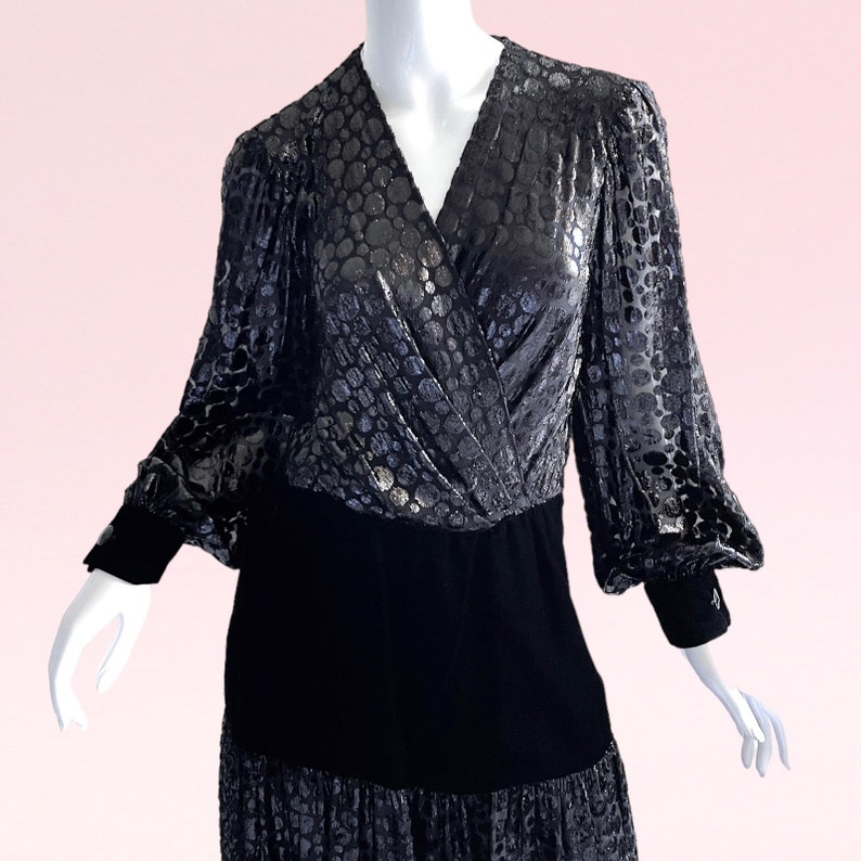 1970s Vintage Givenchy Nouvelle Boutique Dress, Silk Devore Metallic Sara Fredericks Glamour Party Evening image 6