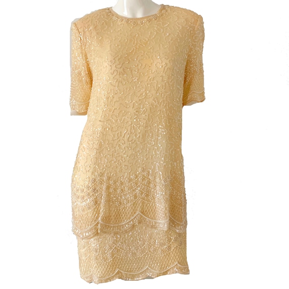 Vintage 80s Sequin Dress / White Beaded Disco Part