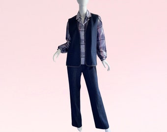 Ensemble pantalon Mod en tricot en denim vintage des années 1970, bas à carreaux cloche, gilet chemisier tailleur-pantalon évasé disco