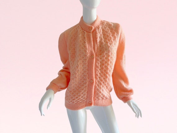 1970s Vintage Crochet Pink Sweater Cardigan, Meta… - image 4