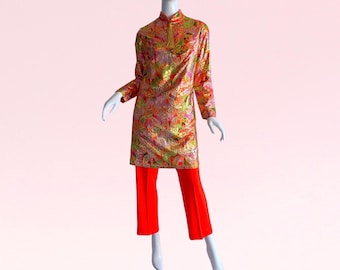 1960s Vintage Dorian Gold Lame Pant Set Metallic Pychedelic Mod Party Cocktail Suit Small