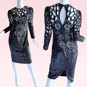 1980s Vintage Oleg Cassini Black Tie Beaded Sequin Silk Dress NWT Keyhole Glamour Party Cocktail Dress Small
