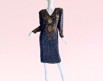 1980s Vintage Beaded Sequin Silk Dress, Party Glamorous Elegance Glamour