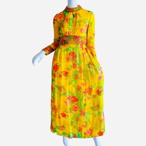 1970s Malcolm Starr Silk Beaded Dress Sequin Metallic Gold Lame Wedding Psychedelic Hawaiian evening gown