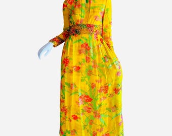 1970s Malcolm Starr Silk Beaded Dress Sequin Metallic Gold Lame Wedding Psychedelic Hawaiian evening gown