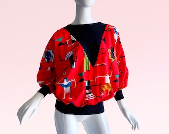 1980s Vintage Sequin Novelty Print Blouse, Bold Disco Glam Party Top