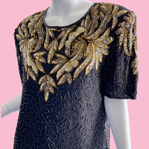 1980s Vintage Sequin Beaded Dress, Gold Black Cocktail Party Dress XL image 3