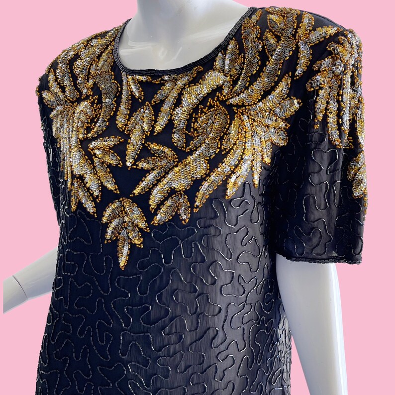 1980s Vintage Sequin Beaded Dress, Gold Black Cocktail Party Dress XL image 3