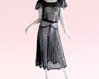 1930s Vintage Lace Flapper Dress Victorian Antique Sweeping Flutter Belted Slip Party Romantic Dress