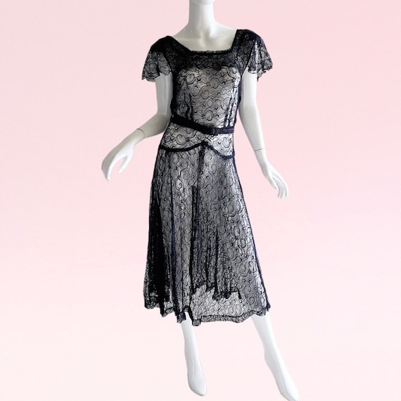 vintage lace flapper dress 1930s Vintage Lace Flapper Dress Victorian Antique Sweeping Flutter Belted  Slip Party Romantic Dress