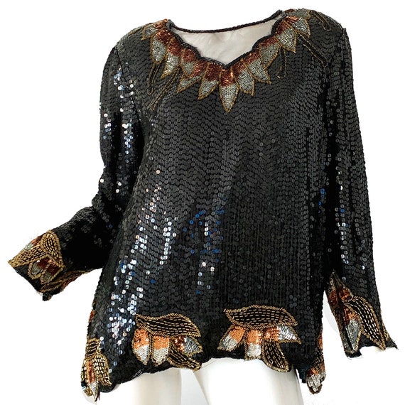 Vintage 80s Sequin Blouse / Disco Gold Leaf Party