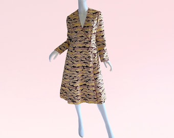 1960s Vintage Richard Tam Brocade Gold Dress, Metallic Silk Glamorous Rare Designer Medium