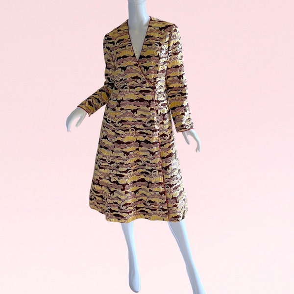 1960s Vintage Richard Tam Brocade Gold Dress, Metallic Silk Glamorous Rare Designer Medium