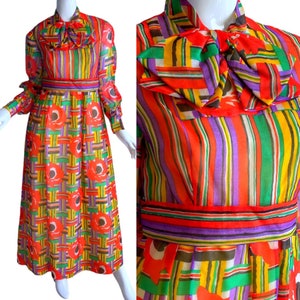 1970s Vintage Joan Leslie Psychedelic Silk Dress, Deadstock Poppies Floral Maxi Gown