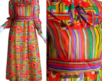 1970s Vintage Joan Leslie by Kasper Psychedelic Dress Silk Organza Deadstock Floral Poppies Floral Maxi Gown